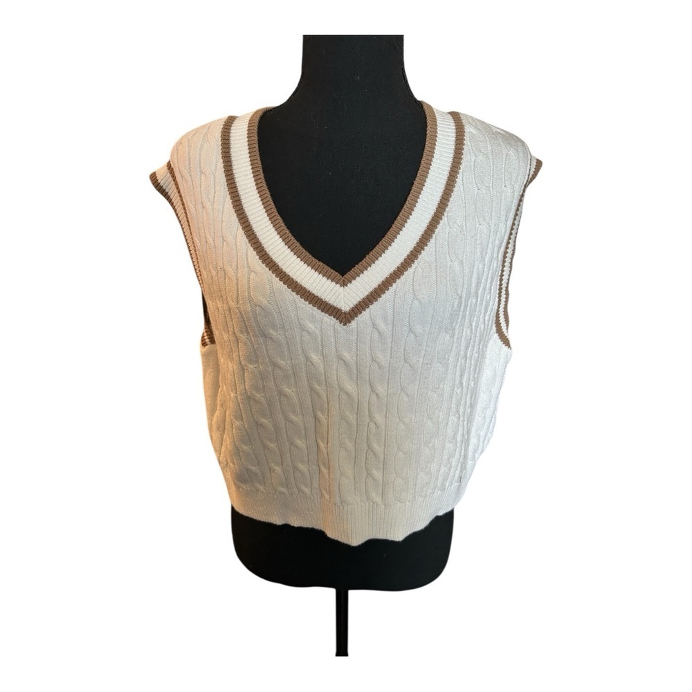 Hollister Women Girl White Brown Cable Knit Sweater Vest Size Medium